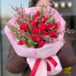 Bukiet czerwonych tulipanów z żarnowcem